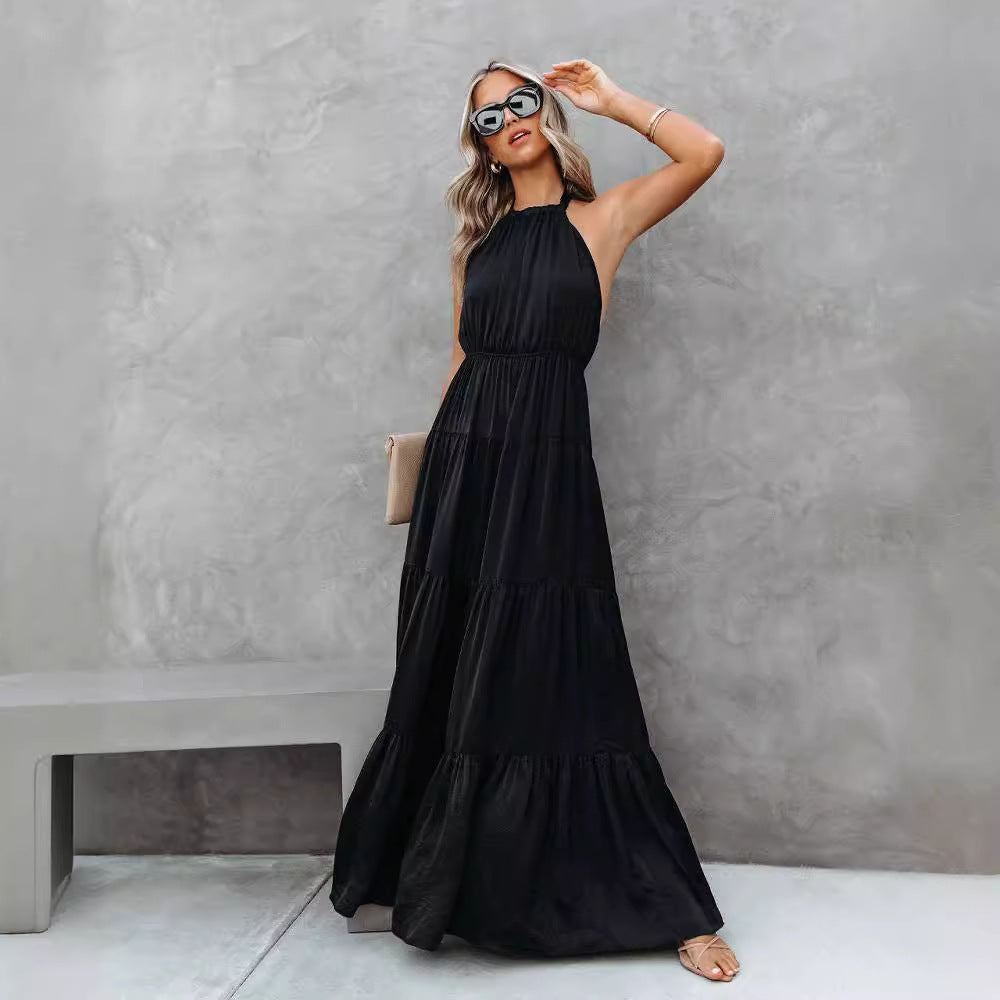 Women’s Halter Dress – Lightweight Cotton Blend – Tiered Maxi Skirt – Cinched Waist