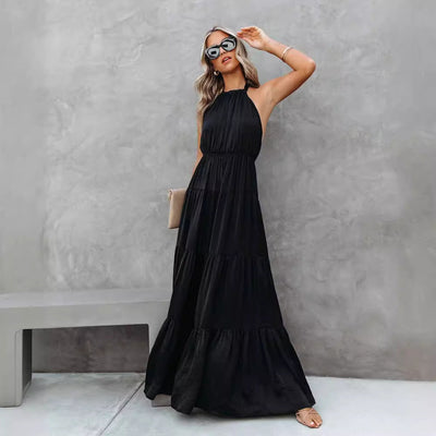 Women’s Halter Dress – Lightweight Cotton Blend – Tiered Maxi Skirt – Cinched Waist