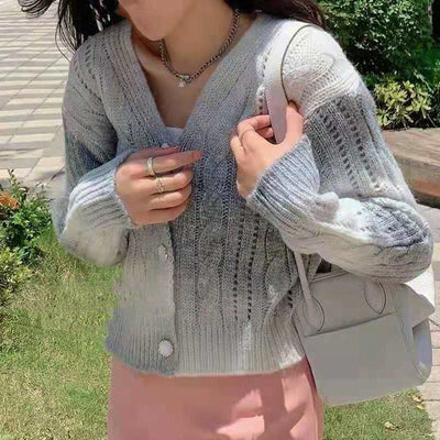 Women’s Knitted Cardigan – Relaxed Fit – Cropped Length – Cable Knit – Voluminous Sleeves