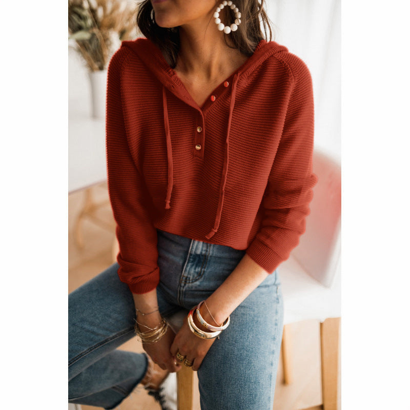 Women’s Cropped Hoodie – Relaxed Fit – Ribbed Knit – Drawstring Hood – Button Detail