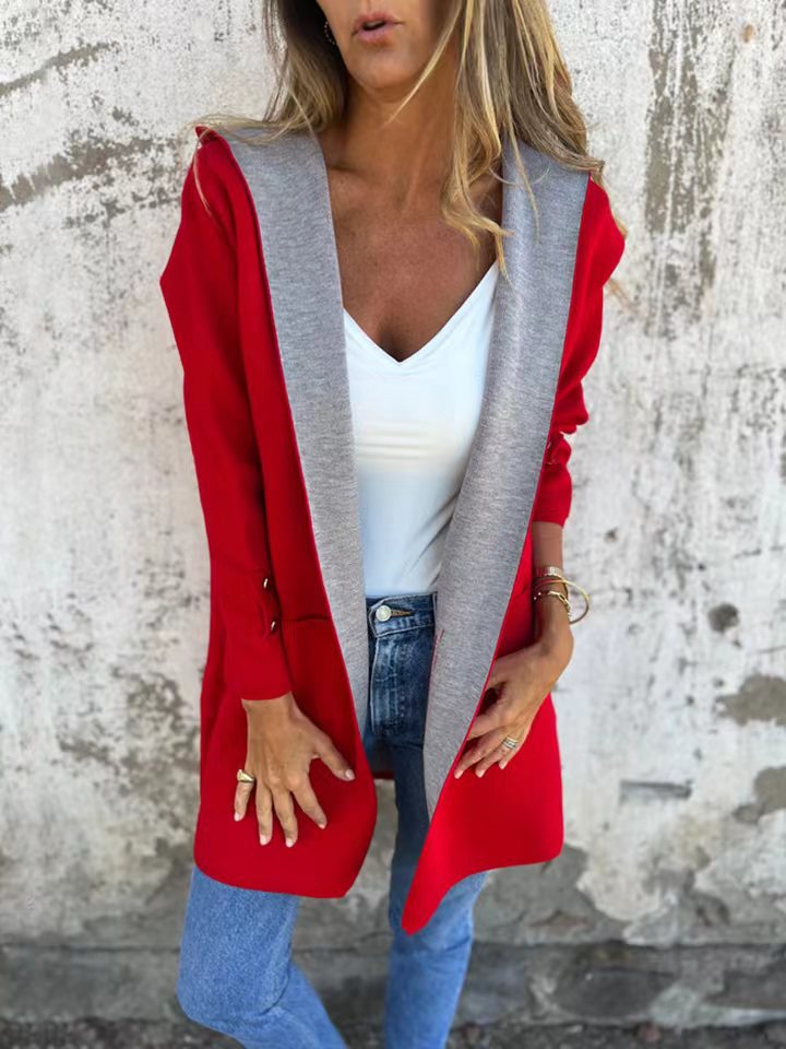 Women’s Hooded Cardigan – Knit Fabric – Relaxed Fit – Contrast Trim – Patch Pockets