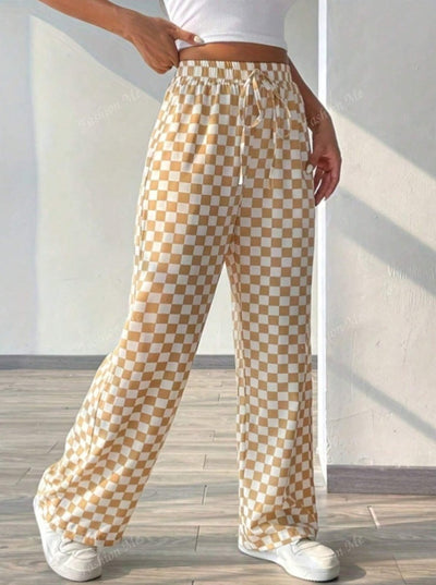 Women’s Trousers – Wide Leg – Relaxed Fit – Checkered Print – Elastic Waist Drawstring