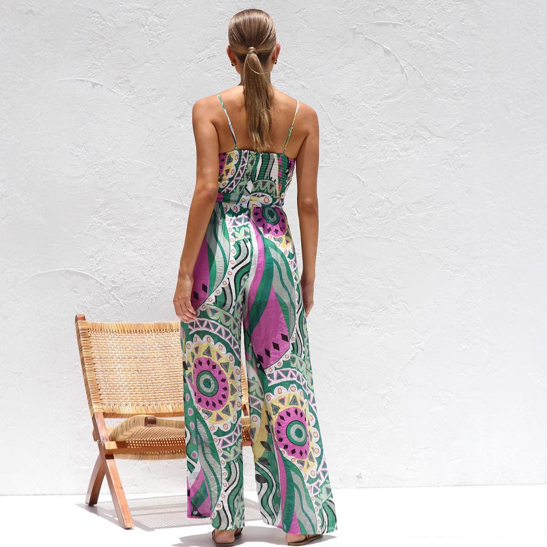 Women’s Jumpsuit – Wide Leg – Spaghetti Strap – Front Tie Cut-Out – Cotton Blend