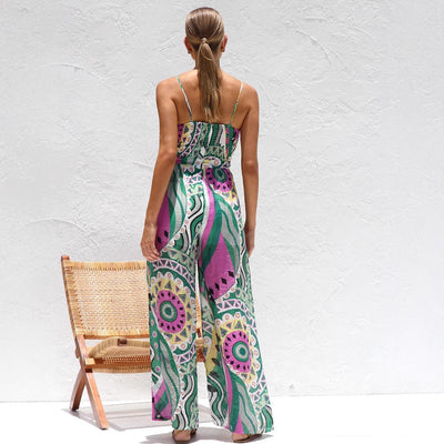 Women’s Jumpsuit – Wide Leg – Spaghetti Strap – Front Tie Cut-Out – Cotton Blend
