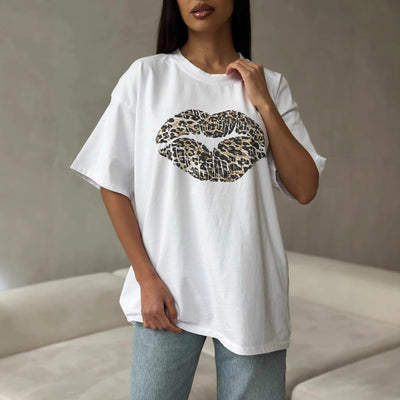 Women’s Graphic T-Shirt – Loose Fit – Cotton Blend – Leopard Lips Print – Short Sleeve
