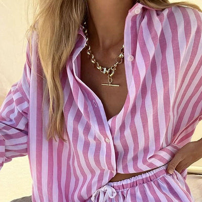 Women’s Two-Piece Set – Relaxed Fit Button-Up Top & Drawstring Shorts – Striped Casual Wear