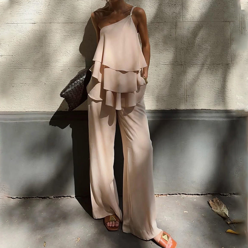 Women’s Two-Piece Set – Asymmetrical Ruffle Top – Wide-Leg Flowy Pants – Soft Fabric