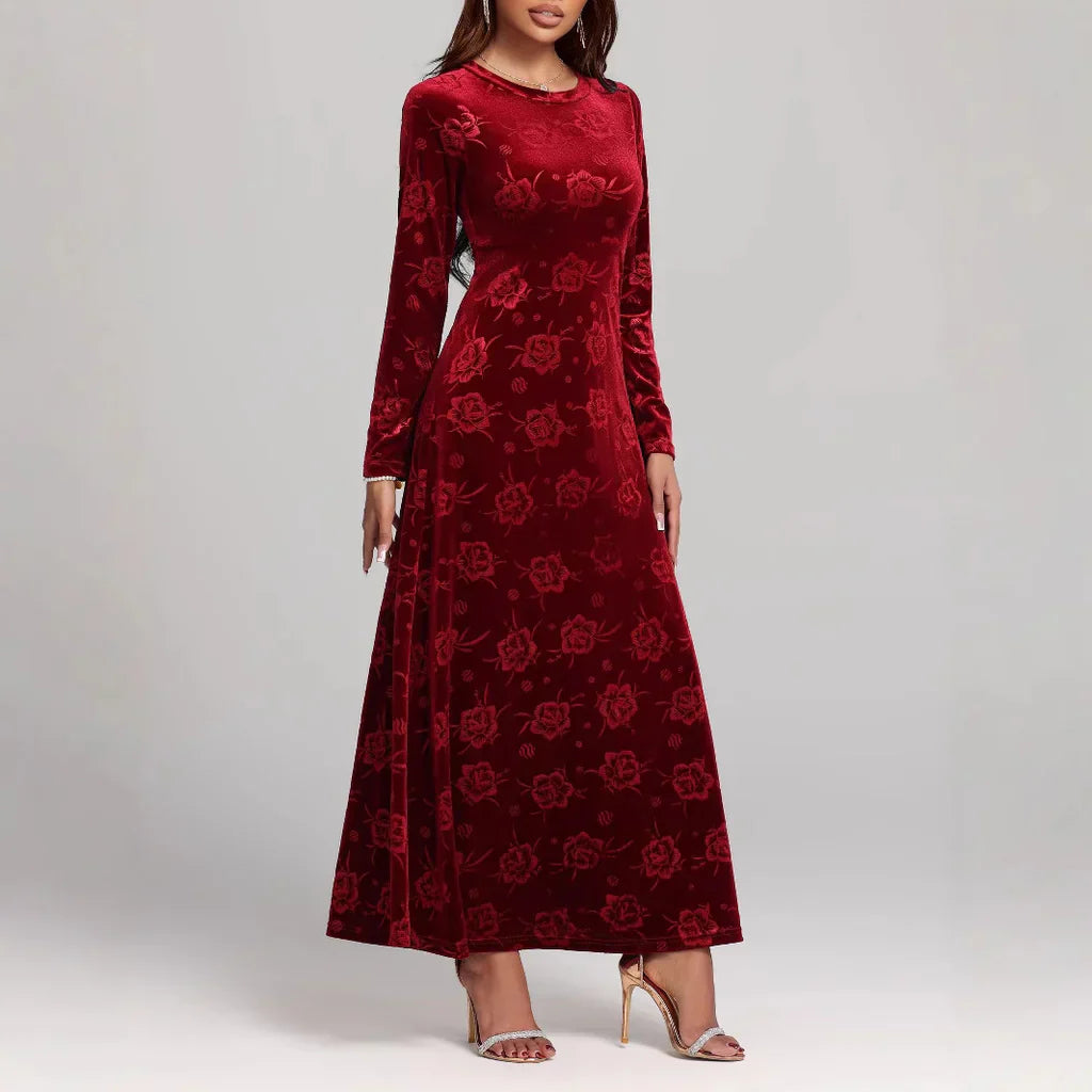 Women’s Maxi Dress – Velvet A-Line Fit – Floral Embossed – Long Sleeve Elegant Wear