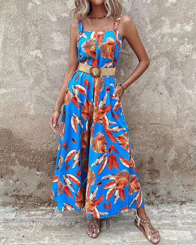 Women’s Jumpsuit – Sleeveless Floral – Tailored Waist – Wide Leg – Soft Breathable Fabric