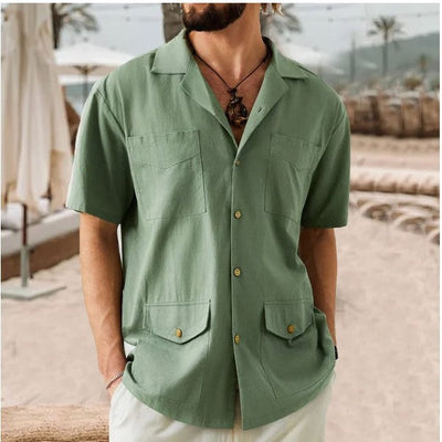 Men’s Short Sleeve Shirt – Cotton Linen Blend – Relaxed Fit – Notched Collar – 4 Pockets