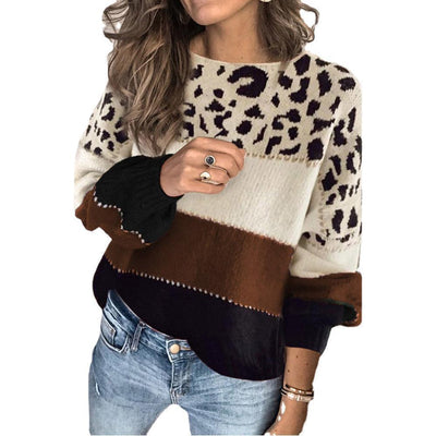 Women’s Knitted Sweater – Relaxed Fit – Wool Blend – Long Sleeve Animal Print