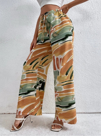 Women’s Wide-Leg Pants – Abstract Print – Elastic Waist – Lightweight Flowing Fit