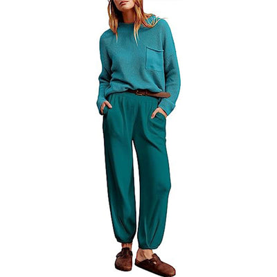 Women’s Two-Piece Set – Knit Long Sleeve Top – Elastic Waist Joggers – Relaxed Fit