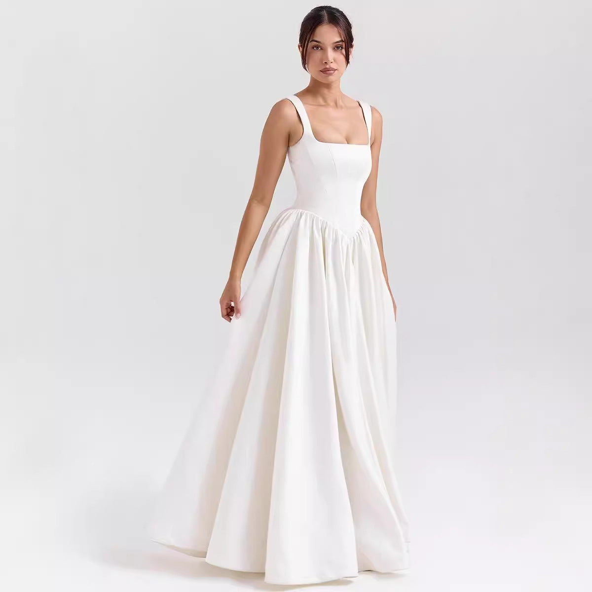 Women’s Maxi Dress – Cotton Fabric – Fitted Waist – Square Neck – Flared Skirt