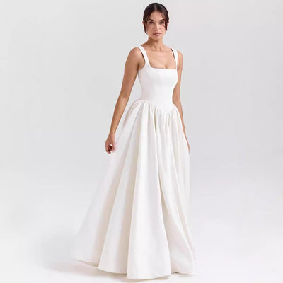 Women’s Maxi Dress – Cotton Fabric – Fitted Waist – Square Neck – Flared Skirt