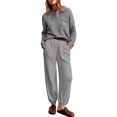 Women’s Two-Piece Set – Knit Long Sleeve Top – Elastic Waist Joggers – Relaxed Fit
