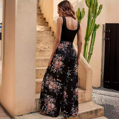 Women’s Jumpsuit – Sleeveless Floral – Relaxed Fit – Wide Leg – Full Length – Belted Waist