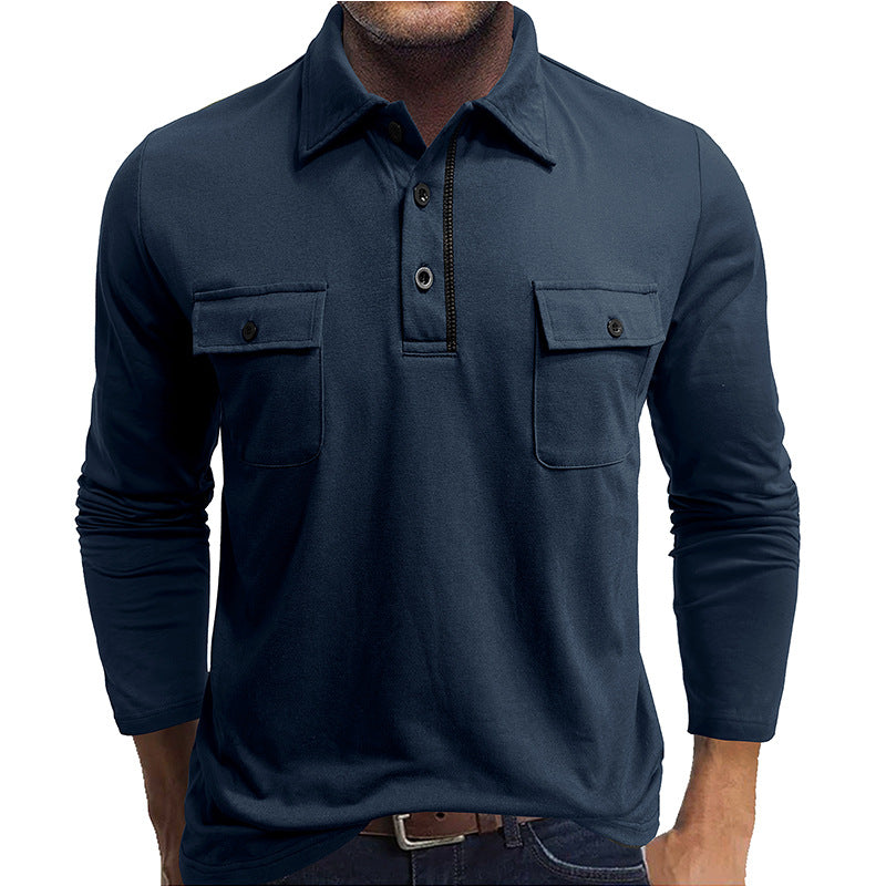Men’s Long Sleeve Polo Shirt – Cotton Blend – Regular Fit – Button Chest Pockets
