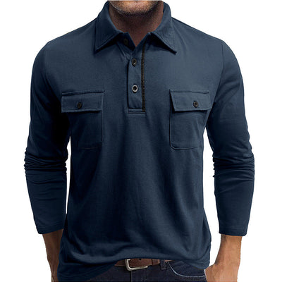 Men’s Long Sleeve Polo Shirt – Cotton Blend – Regular Fit – Button Chest Pockets