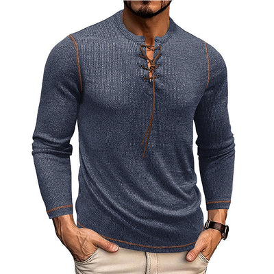 Men’s Long Sleeve Shirt – Slim Fit – Knit Texture – Lace-Up Neck – Casual Style