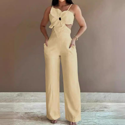 Women’s Jumpsuit – Wide Leg – Spaghetti Straps – Bow Front – Cut-Out Sides – Backless