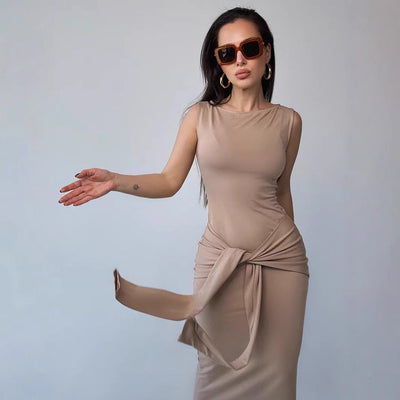 Women’s Bodycon Dress – Maxi Length – Sleeveless – Waist Tie – Slim Fit Elegant Wear