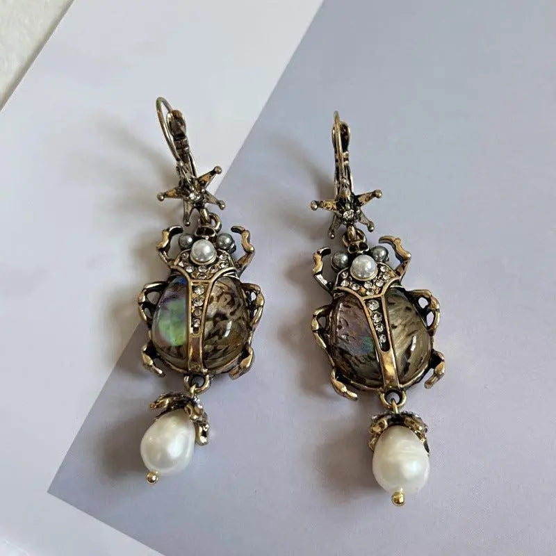 Vintage Beetle Earrings with Pearls