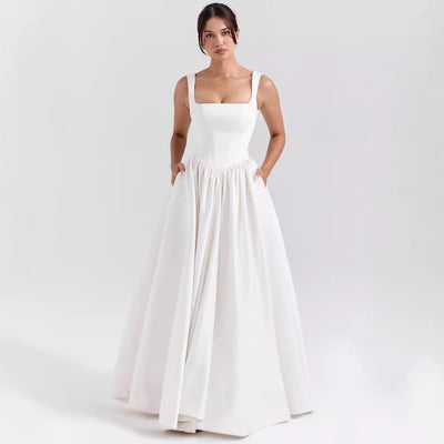 Women’s Maxi Dress – Cotton Fabric – Fitted Waist – Square Neck – Flared Skirt