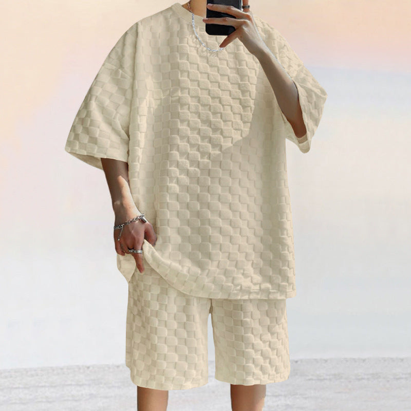 Men’s Two-Piece Set – Jacquard Knit – Loose Fit Shirt & Relaxed Straight Shorts