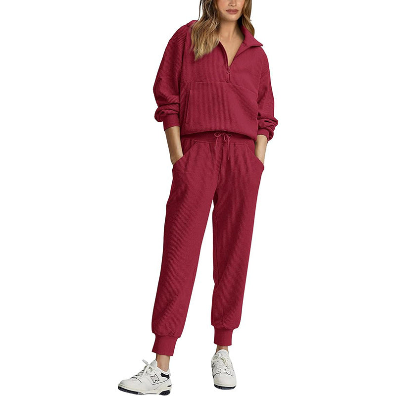 Women’s Tracksuit Set – Ribbed Fabric – Relaxed Fit – Half Zip Top – Drawstring Pants