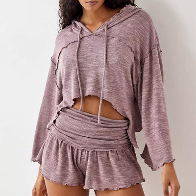 Women’s Two-Piece Set – Cropped Hooded Top – High Waist Flowy Shorts – Relaxed Fit