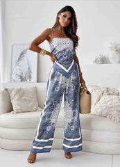 Women’s Jumpsuit – Relaxed Fit – Wide Leg – Spaghetti Straps – Satin Feel – Printed