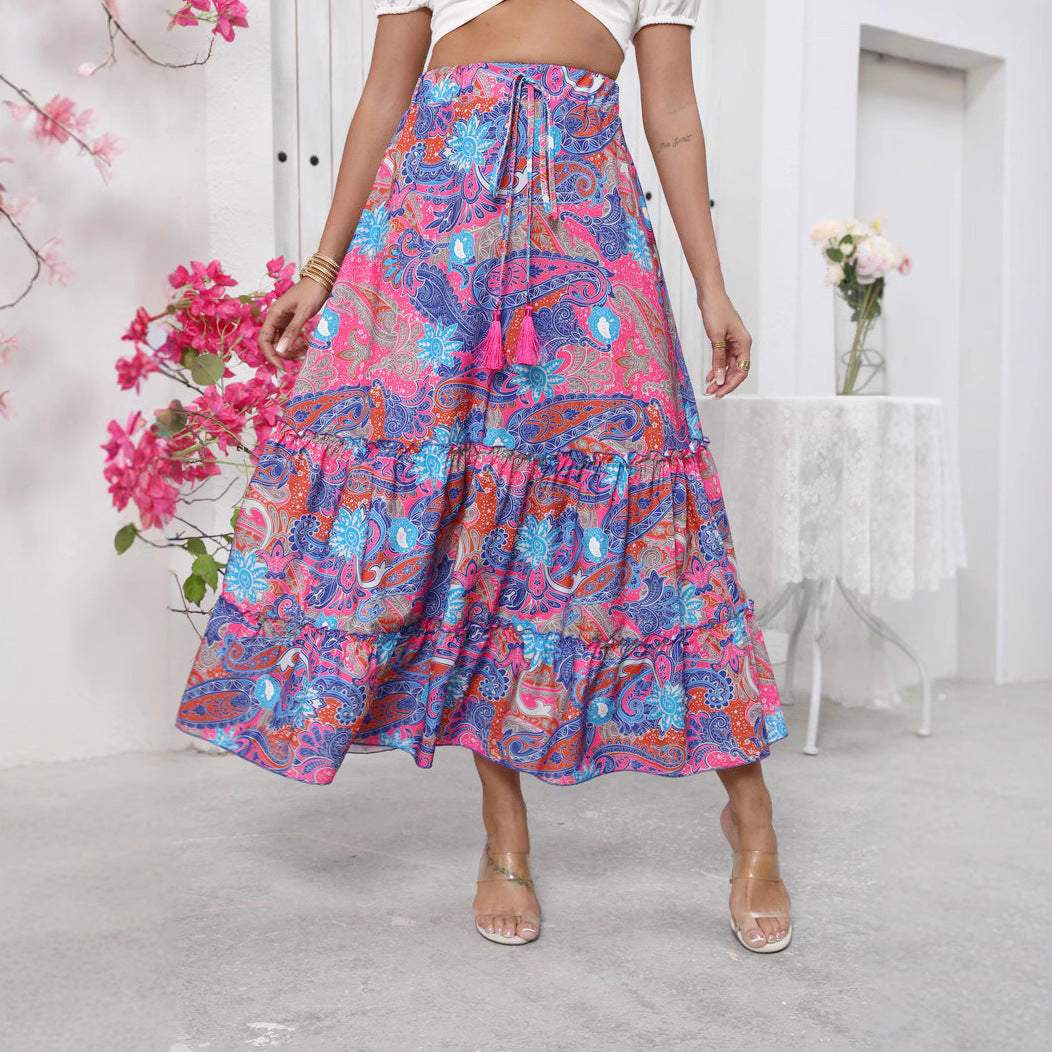 Women’s Maxi Skirt – Tiered Boho Style – Fringe Waist – Relaxed Fit – Cotton Fabric