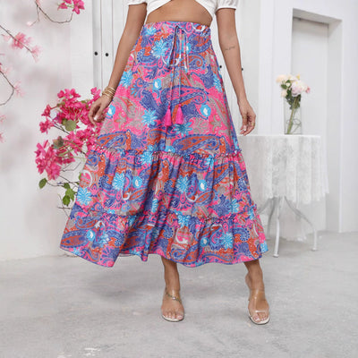 Women’s Maxi Skirt – Tiered Boho Style – Fringe Waist – Relaxed Fit – Cotton Fabric