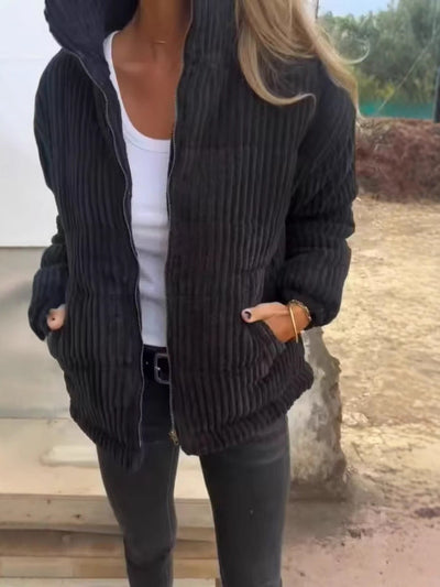 Women’s Corduroy Jacket – Relaxed Fit – Cropped Length – Zip Front – Stand Collar