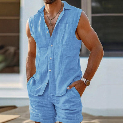 Men’s Sleeveless Shirt – Cotton Linen Blend – Relaxed Fit – Button-Up Casual Style