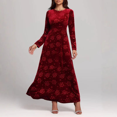 Women’s Maxi Dress – Velvet A-Line Fit – Floral Embossed – Long Sleeve Elegant Wear