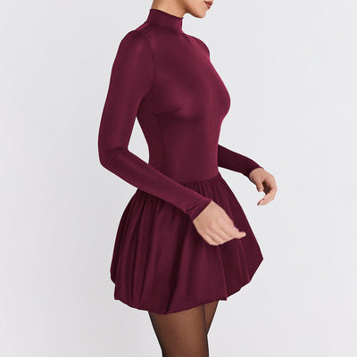 Women’s A-Line Mini Dress – Slim Fit – High Neck – Long Sleeve – Gathered Skirt