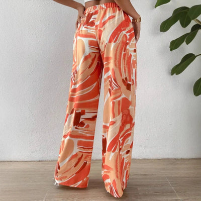 Women’s Wide-Leg Pants – Abstract Print – Elastic Waist – Lightweight Flowing Fit