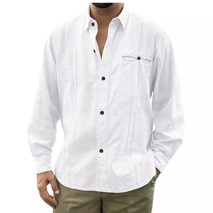 Men’s Linen Shirt – Relaxed Fit – Long Sleeve – Button-Up with Chest Pocket