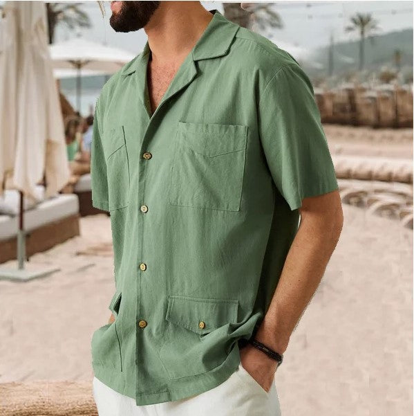 Men’s Short Sleeve Shirt – Cotton Linen Blend – Relaxed Fit – Notched Collar – 4 Pockets