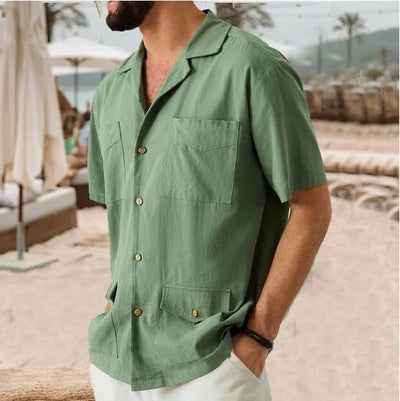 Men’s Short Sleeve Shirt – Cotton Linen Blend – Relaxed Fit – Notched Collar – 4 Pockets