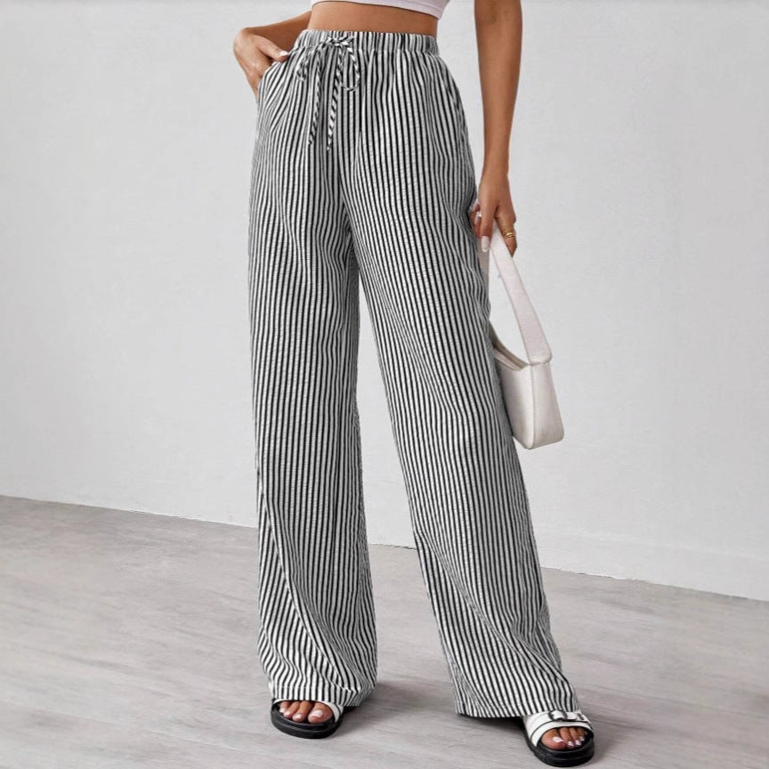 Women’s Straight-Leg Pants – Lightweight Cotton Blend – Drawstring Waist – Striped Casual Fit