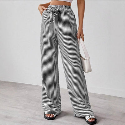Women’s Straight-Leg Pants – Lightweight Cotton Blend – Drawstring Waist – Striped Casual Fit