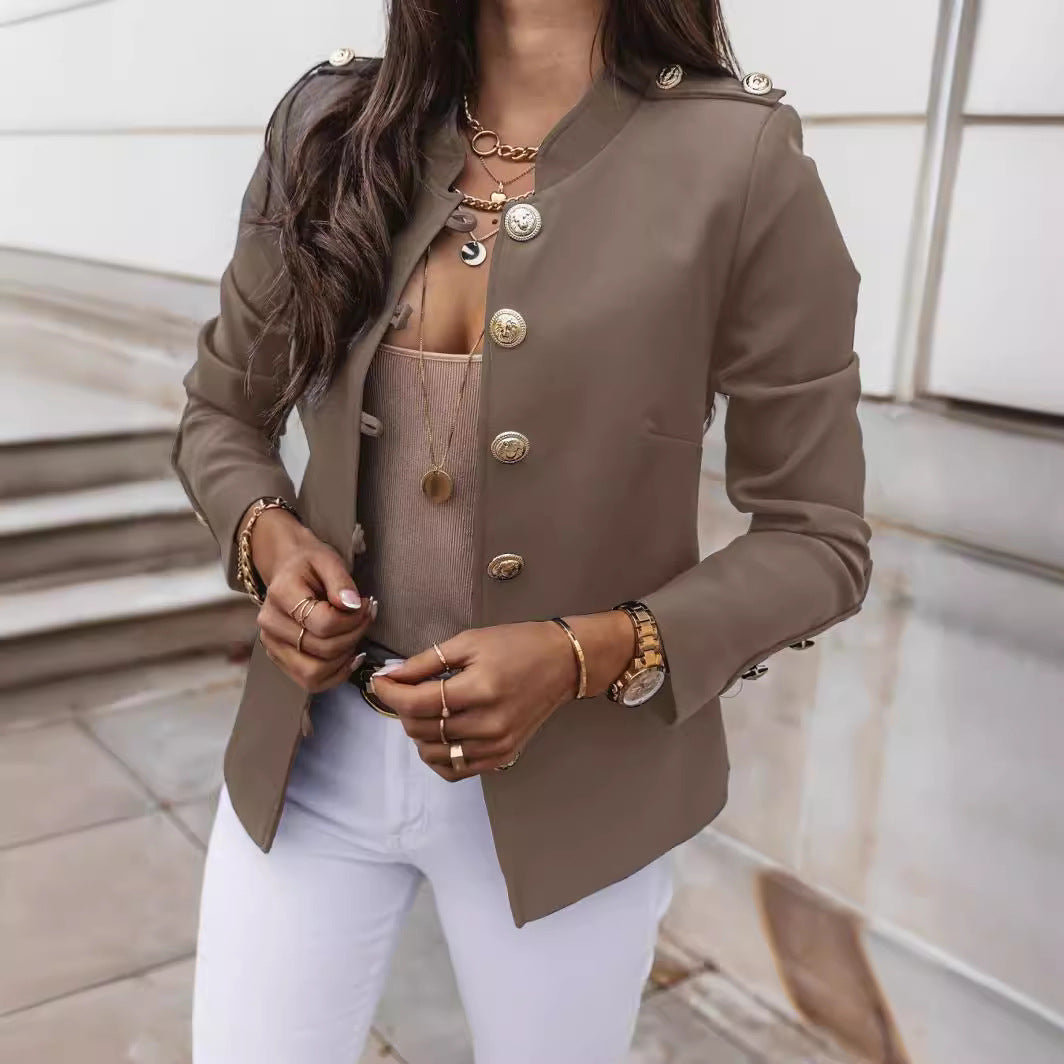 Women’s Blazer – Slim Fit – Gold Button Accents – Mandarin Collar – Structured Short Length