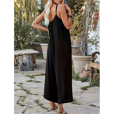 Women’s Jumpsuit – Relaxed Fit – Wide Leg – Deep V-Neck – Spaghetti Straps – Pockets