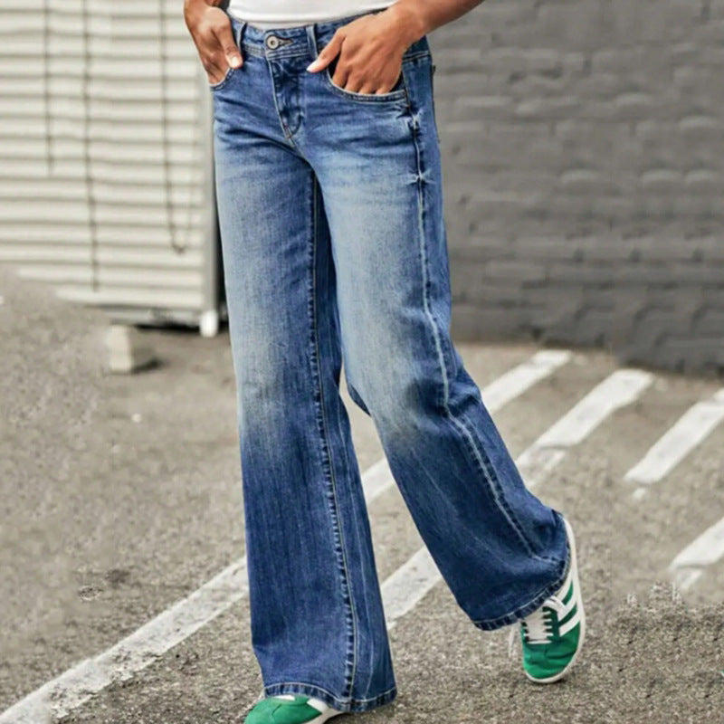 Women’s Wide-Leg Jeans – Relaxed Fit – Embroidered Side Detail – Full Length Denim