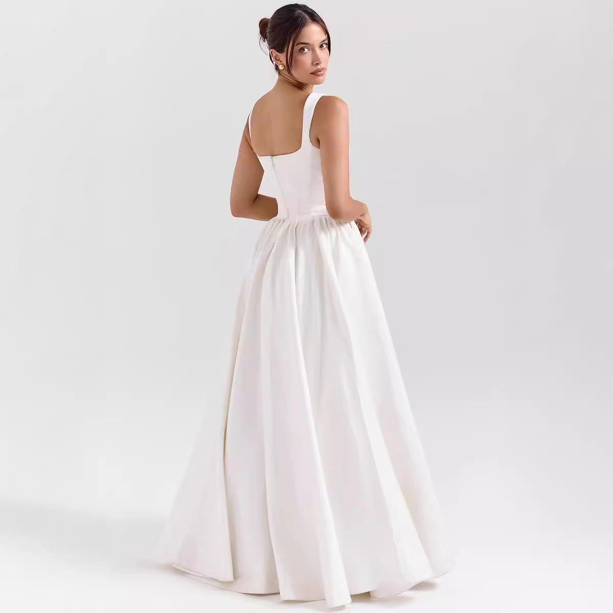 Women’s Maxi Dress – Cotton Fabric – Fitted Waist – Square Neck – Flared Skirt