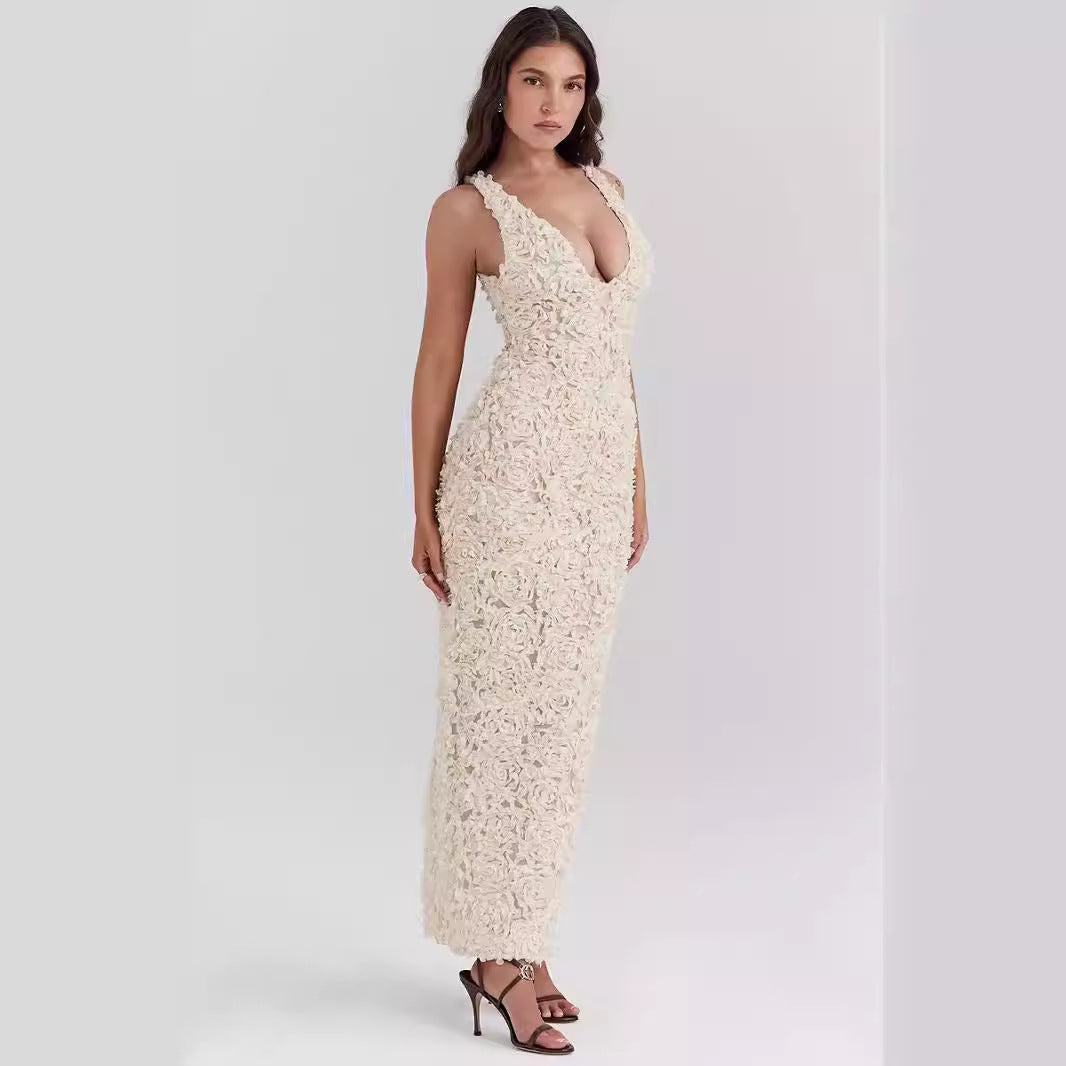 Women’s Evening Dress – Slim Fit – 3D Floral Texture – Plunging Neckline – Sleeveless – Ankle Length