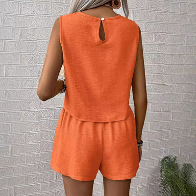 Women’s Matching Set – Linen Blend – Sleeveless Cropped Top & Mid-Thigh Shorts – Relaxed Fit